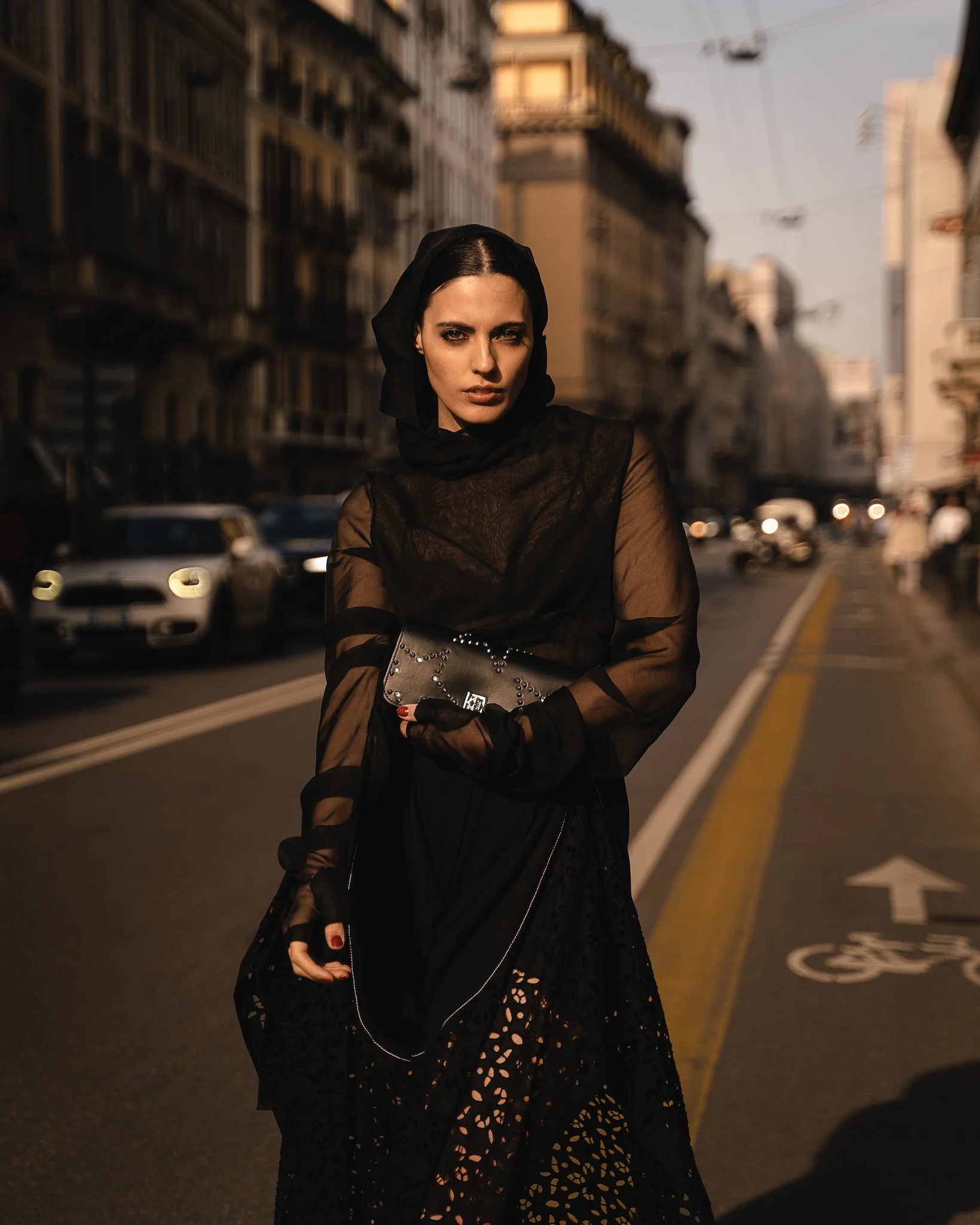 A woman in black outfit in Milano Fashion Week